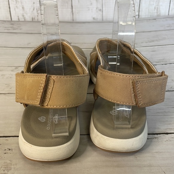 Clarks Mira Lily Tan, Gray and White Elastic Open Toe Sling Back Velcro Sandals - Picture 4 of 13